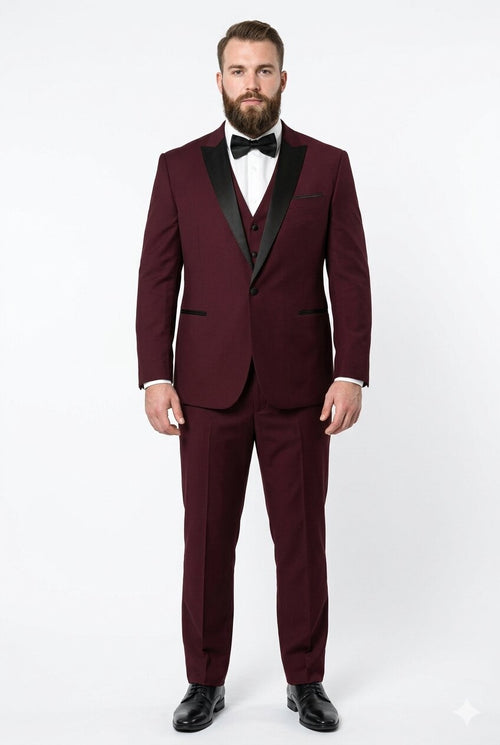 Men's Vested One Button Peak Lapel Designer Wedding Tuxedo in Burgundy