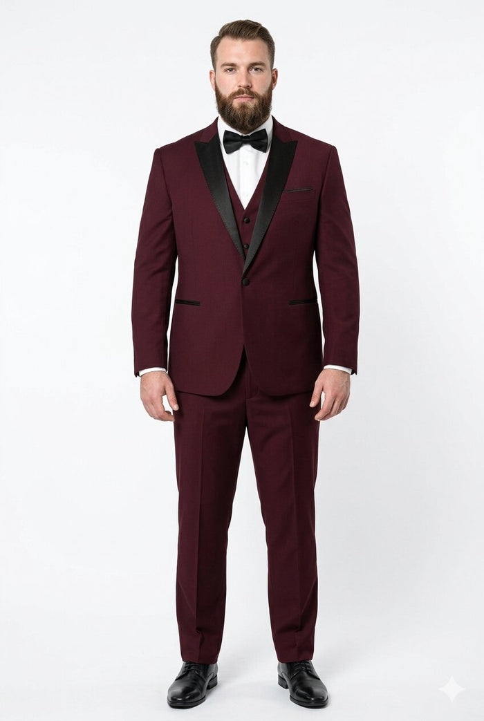 Men's Vested One Button Peak Lapel Designer Wedding Tuxedo in Burgundy