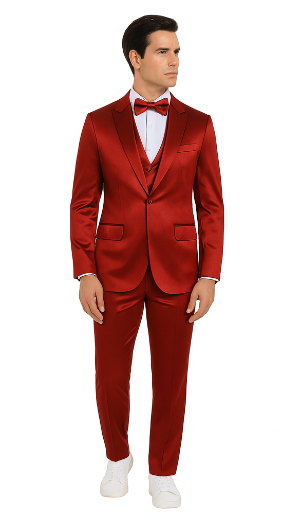Men's burgundy satin slim-fit three-piece suit. Peak lapel jacket, double-breasted vest, and tailored trousers. Glossy finish, structured fit, smooth details.
