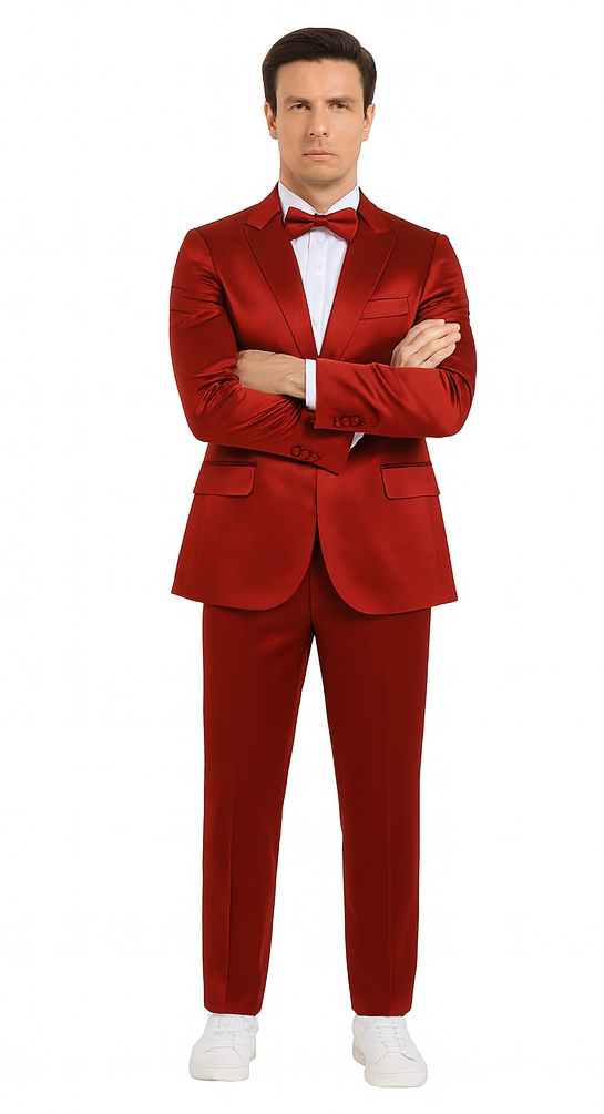 Men's Tazzio burgundy 3-piece suit: slim fit, satin finish. Includes peak lapel jacket, double-breasted vest, and trousers. Solid burgundy color, tailored fit with structured shoulders, and straight-leg trousers.