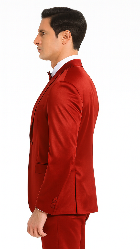 Men's burgundy Tazzio 3-piece suit. Slim fit with peak lapel jacket, double-breasted vest, and matching trousers. Crafted from luxurious satin.