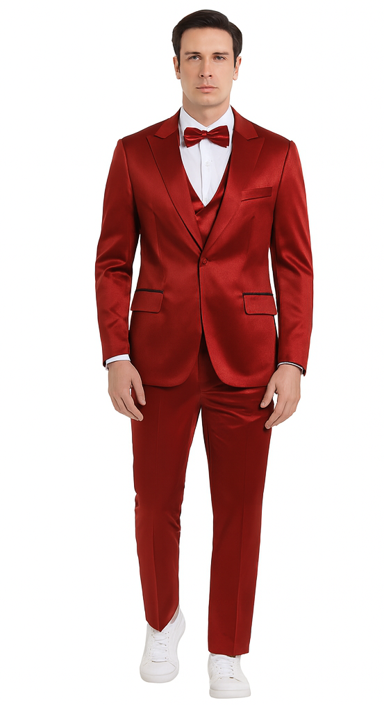 Burgundy satin Tazzio men's 3-piece suit: slim fit, peak lapel jacket, double-breasted vest, tailored pants. Shiny satin finish.
