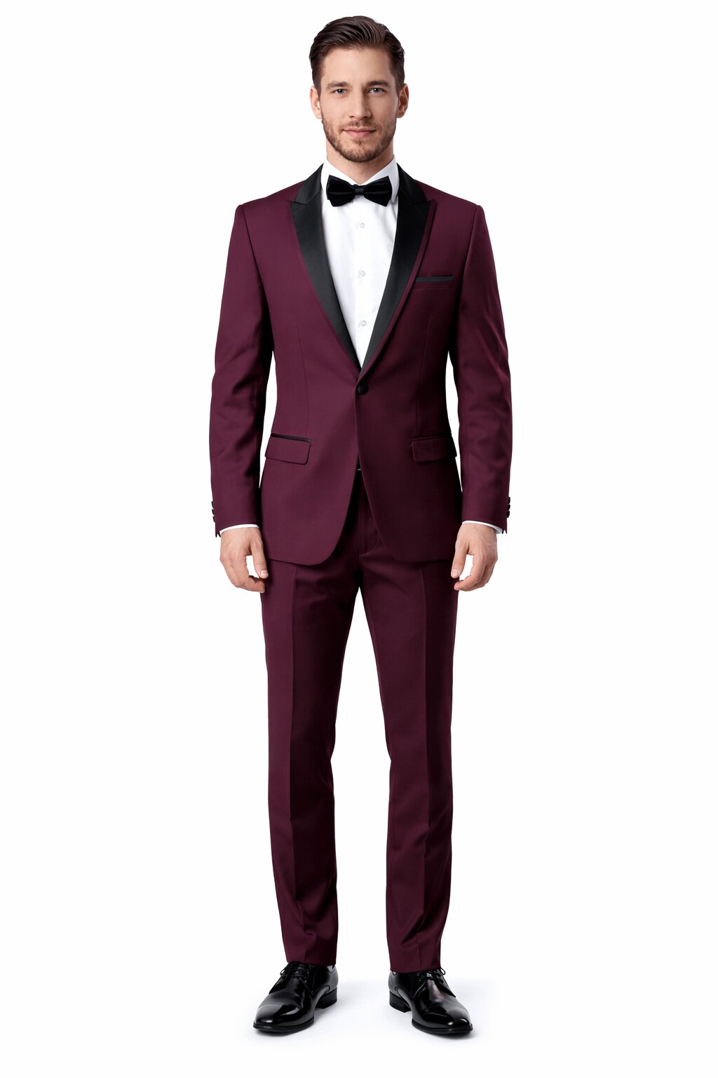 Men’s Slim Fit One Button Satin Trim Peak Lapel Tuxedo in Burgundy – Prom & Wedding Formal Suit