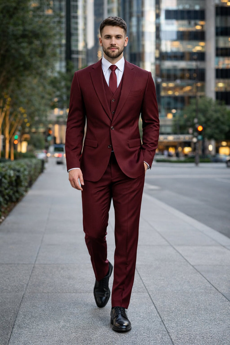 Mens Stacy Adams Suits - Designer Suit - 3 Piece Suit - Vested Suit - Flat Front Pant- Modern Fit Suits Burgundy Suit