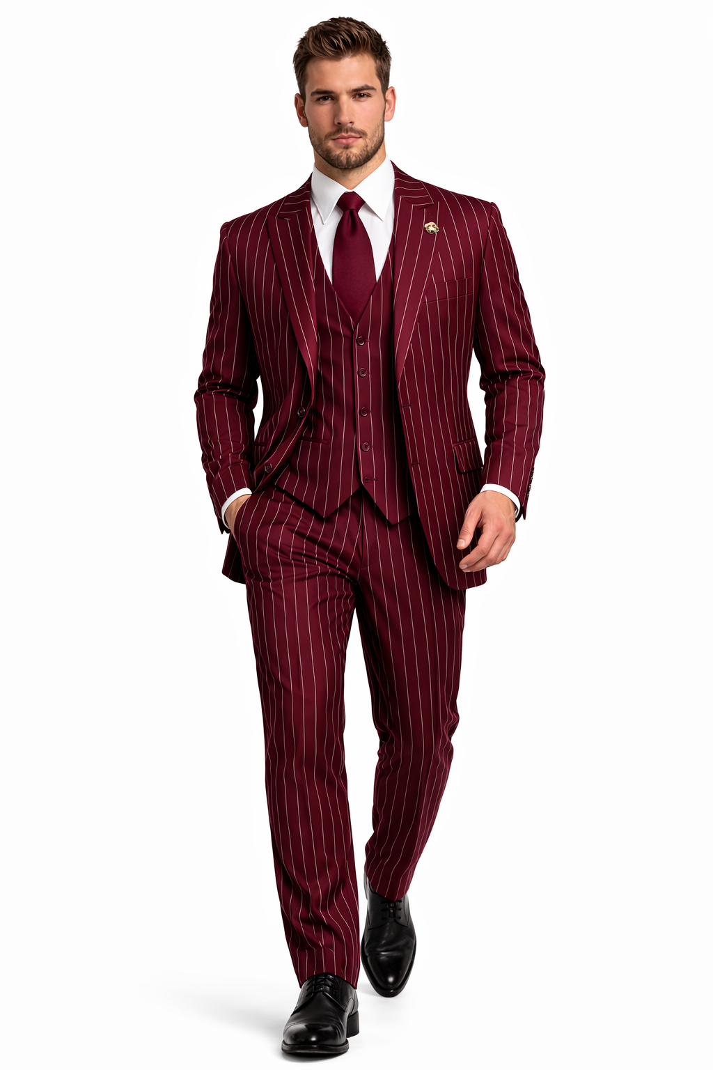 Mens 2 Button Vested 3 Piece Gangster Bold Pinstripe Suit  Burgundy