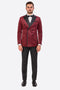 Burgundy velvet double-breasted tuxedo jacket. Black peaked lapels, six front buttons, and dual side pockets. Rich, textured fabric.
