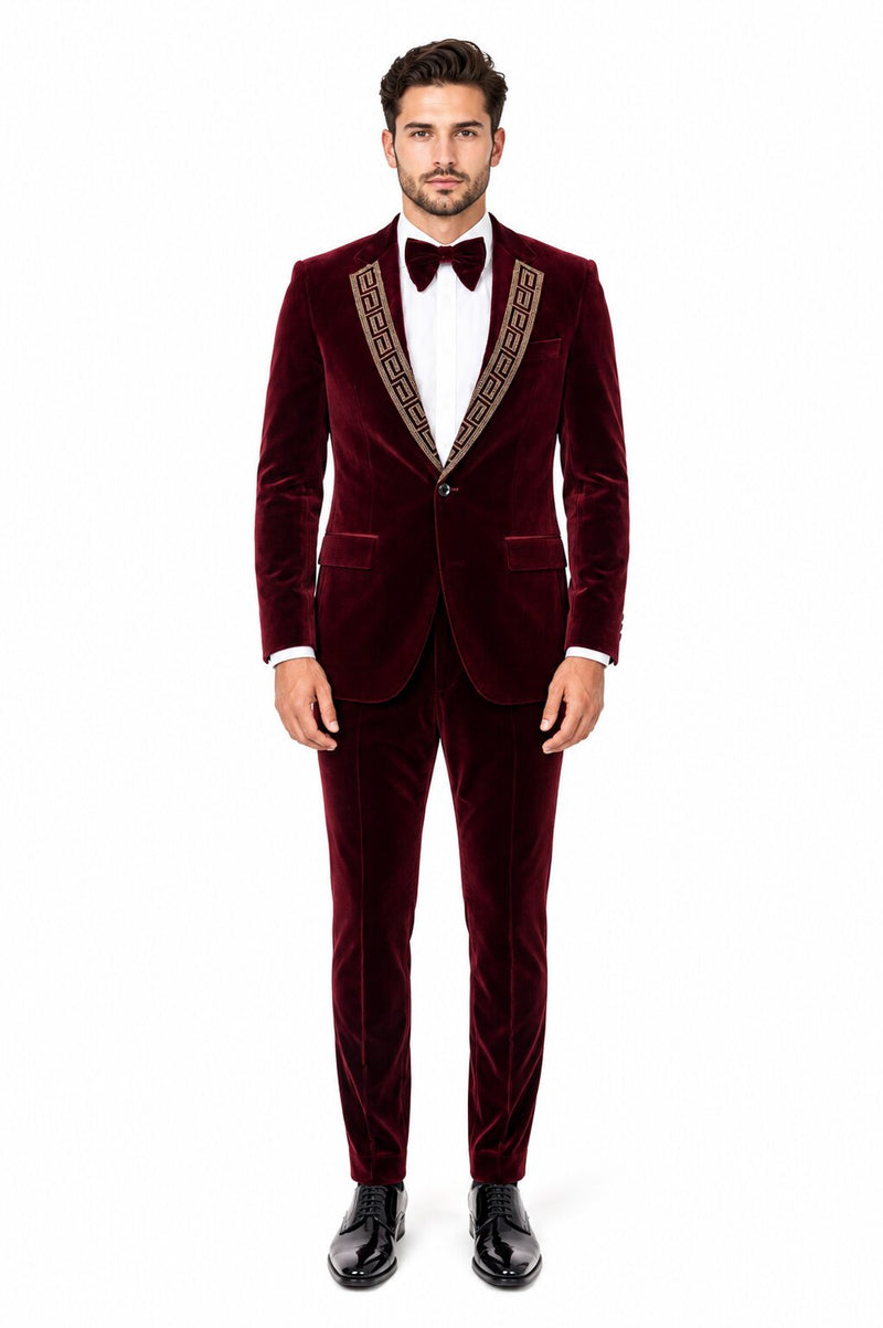 EJ Samuel Men's Burgundy Modern Fit Velvet Tuxedo with Gold Sequin Lapel