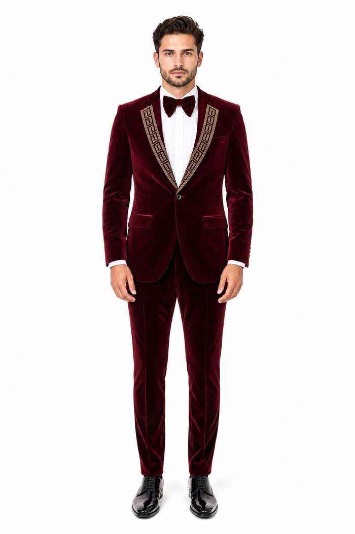 EJ Samuel Men's Burgundy Modern Fit Velvet Tuxedo with Gold Sequin Lapel