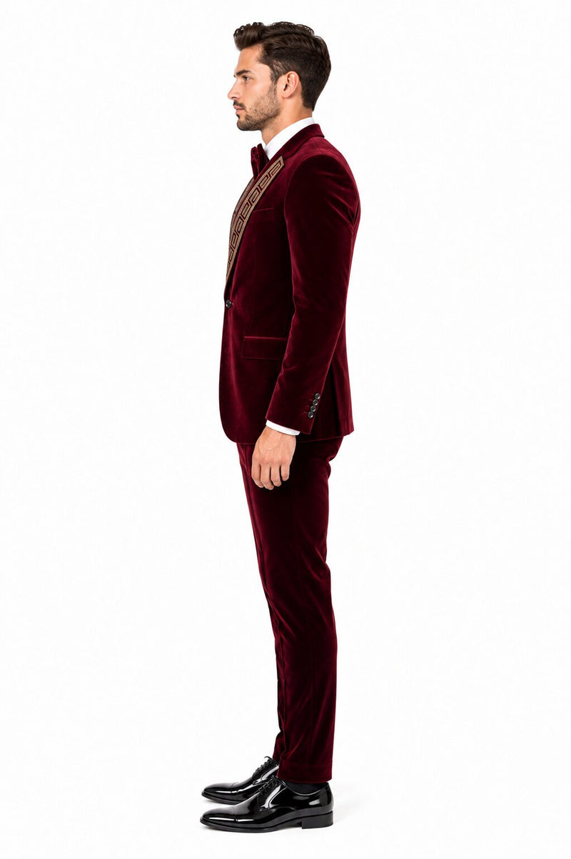 EJ Samuel Men's Burgundy Modern Fit Velvet Tuxedo with Gold Sequin Lapel