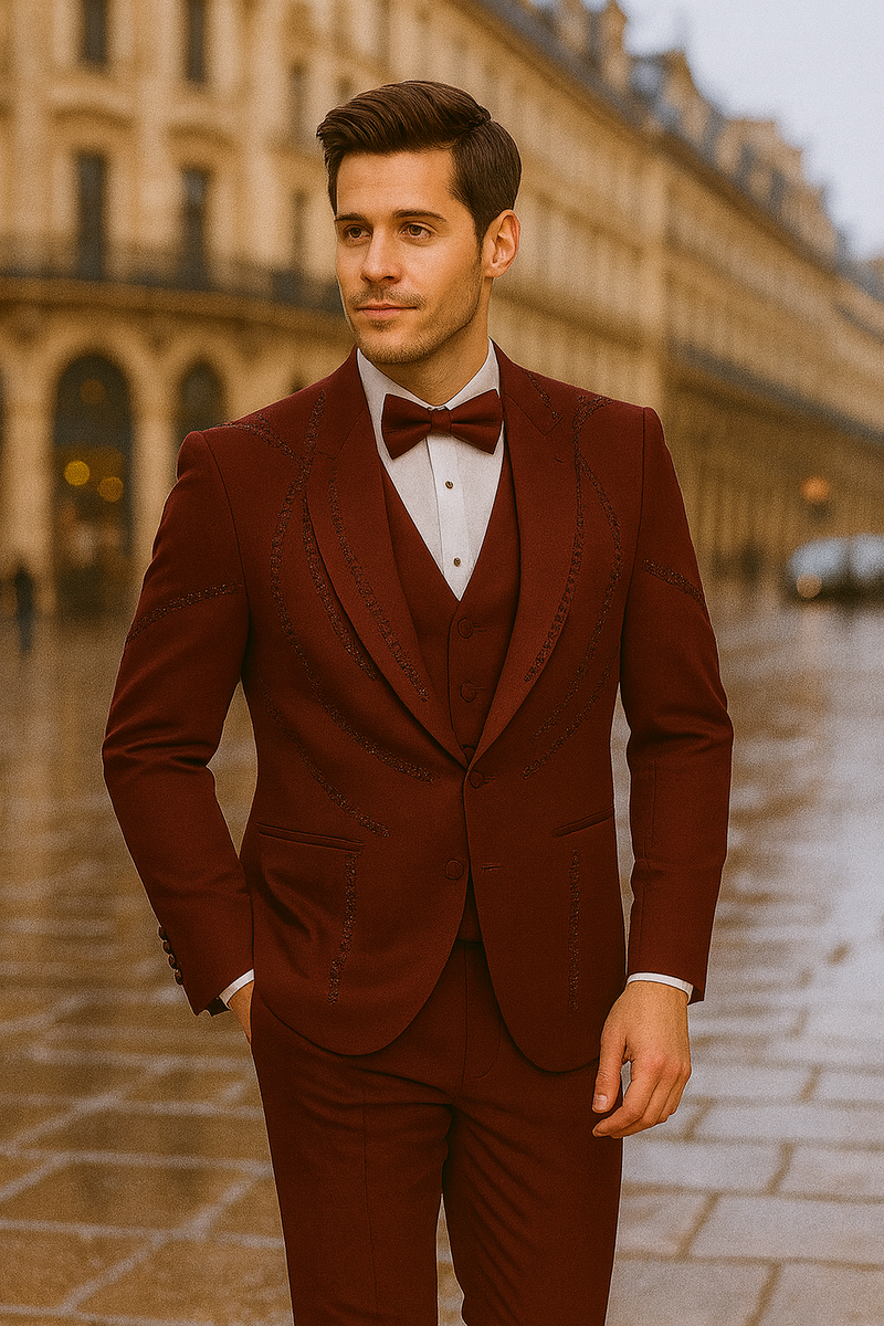 Men's burgundy Italian wool 3-piece tuxedo. Modern fit with a jacket (peaked lapels), vest, and tailored trousers. Rich burgundy color, sleek silhouette, and detailed stitching.