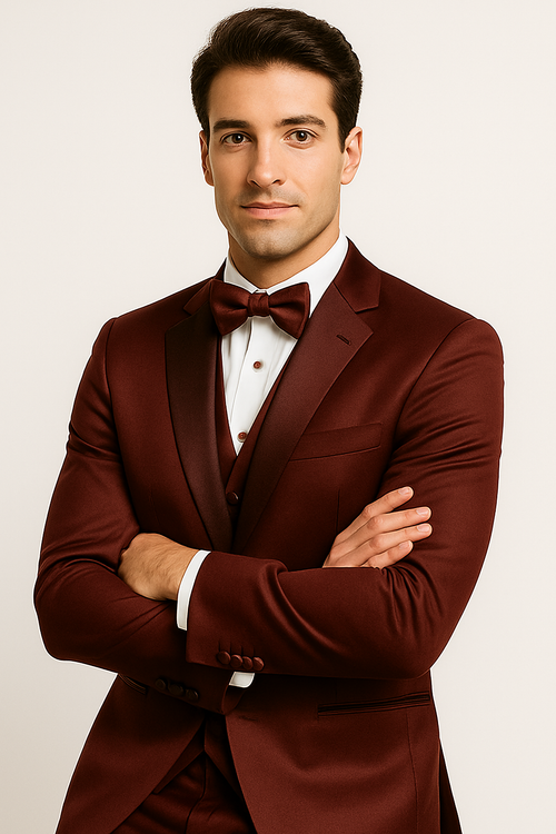 Burgundy Majesty tuxedo by Alberto Nardoni: fitted jacket with satin lapel, matching vest & pants. Includes white shirt & burgundy bow tie. Smooth, glossy fabric with button details. 4-piece set.