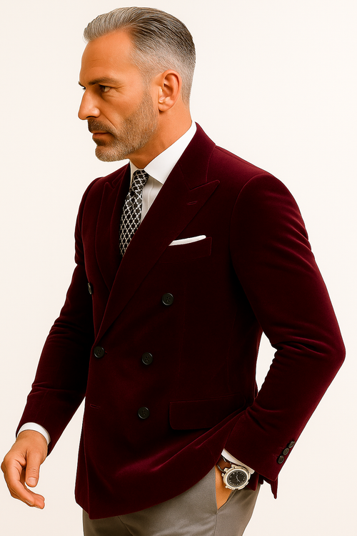 Mens Double Breasted Velvet Blazer - Burgundy blazer