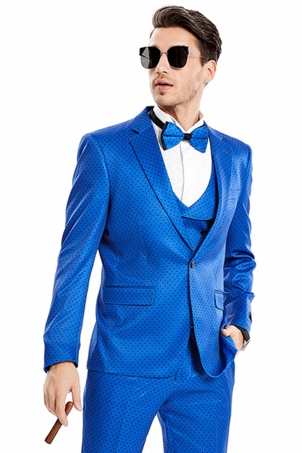 "Men's Royal Blue & Black Mini Polka Dot Prom 2025 Suit - One Button Vested"