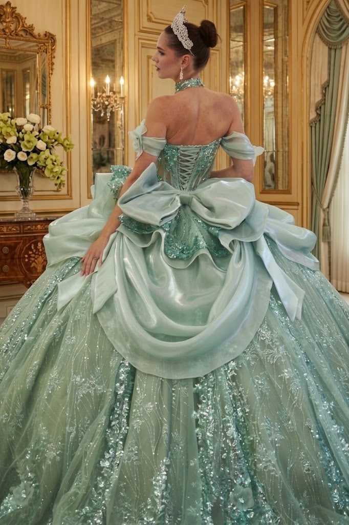 Off-Shoulder Sweetheart Beaded Corset Glitter Ball Gown Quinceañera Dress by Layla K LK313