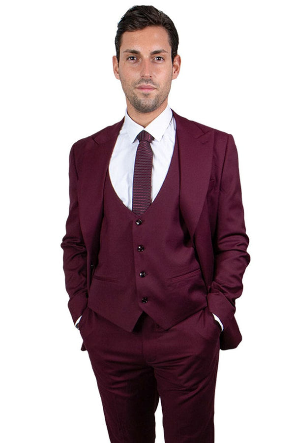 Mens Stacy Adams Suit - Stacy Adams Suit Men's Burgundy Suit - One Button Peak Lapel with Vest