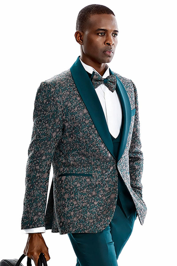 "Vintage Splatter Print Men's Prom 2025 Tuxedo - One Button, Shawl Lapel, Vested, Green"