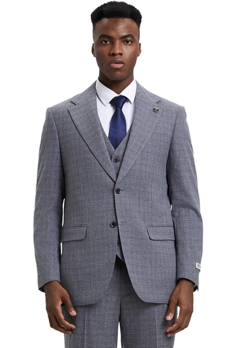 The men's Stacy Adams modern fit vested suit is presented in light grey with a micro check plaid pattern. The suit features a two-button closure, notch lapels, and front pockets, with a vest underneath.