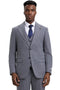 The men's Stacy Adams modern fit vested suit is presented in light grey with a micro check plaid pattern. The suit features a two-button closure, notch lapels, and front pockets, with a vest underneath.