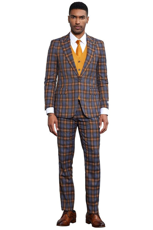 Men's Stacy Adams vested suit with bold grey windowpane plaid (gold/navy). Features fitted blazer, matching slim-fit trousers, and three-button vest. Notched lapel and front pockets. Woven fabric.

