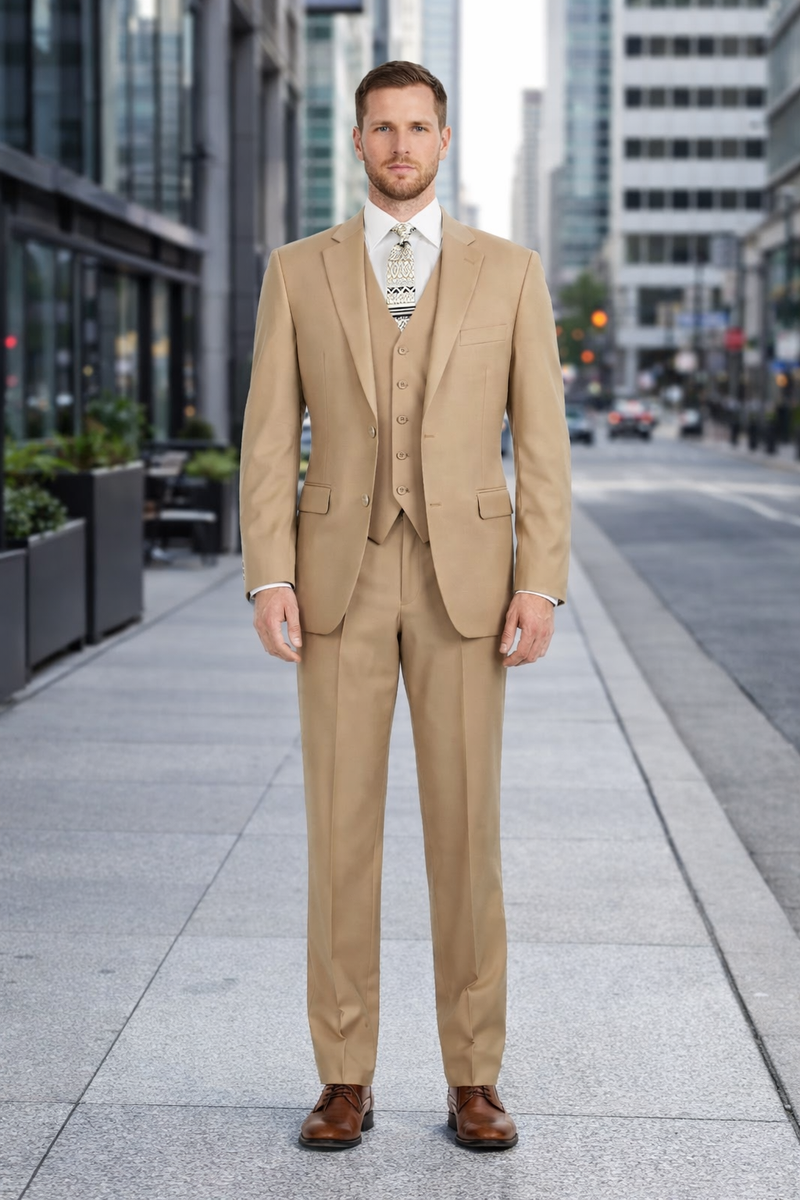 Camel Color Suit - Khaki Color  Mens 2 Button Suit Modern Fit Suit - Bronze Color