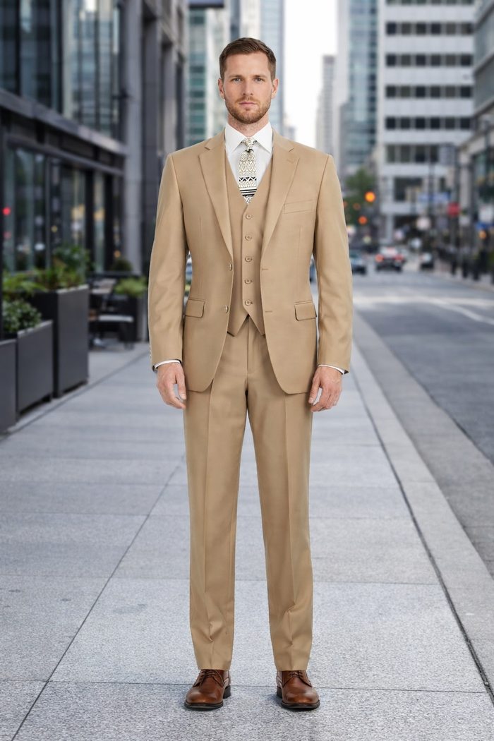 Camel Color Suit - Khaki Color  Mens 2 Button Suit Modern Fit Suit - Bronze Color