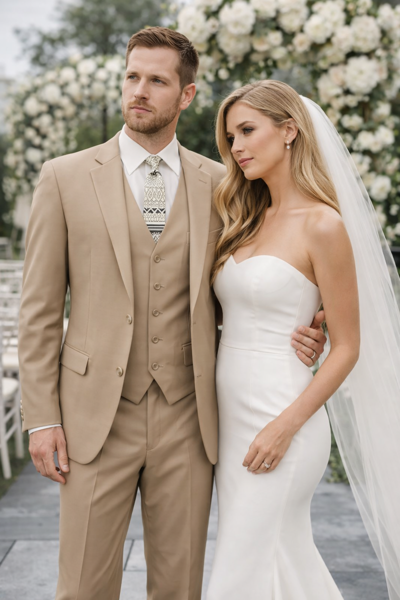 Camel Color Suit - Khaki Color  Mens 2 Button Suit Modern Fit Suit - Bronze Color