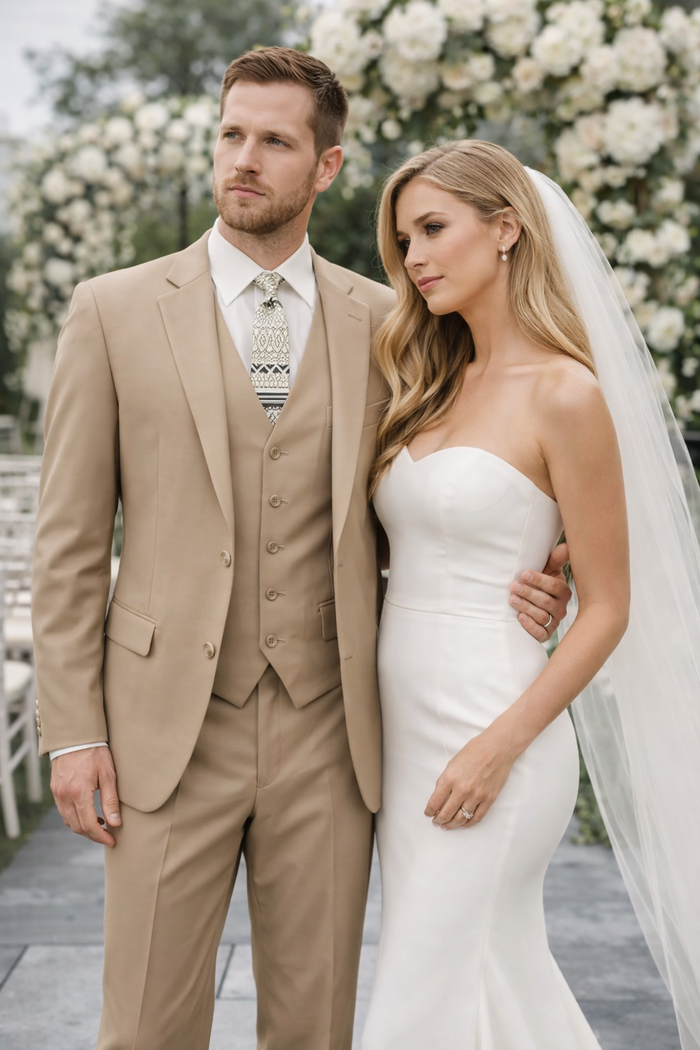 Camel Color Suit - Khaki Color  Mens 2 Button Suit Modern Fit Suit - Bronze Color