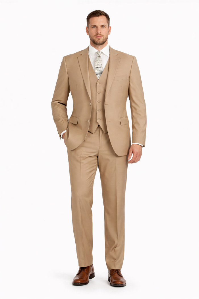 Camel Color Suit - Khaki Color  Mens 2 Button Suit Modern Fit Suit - Bronze Color
