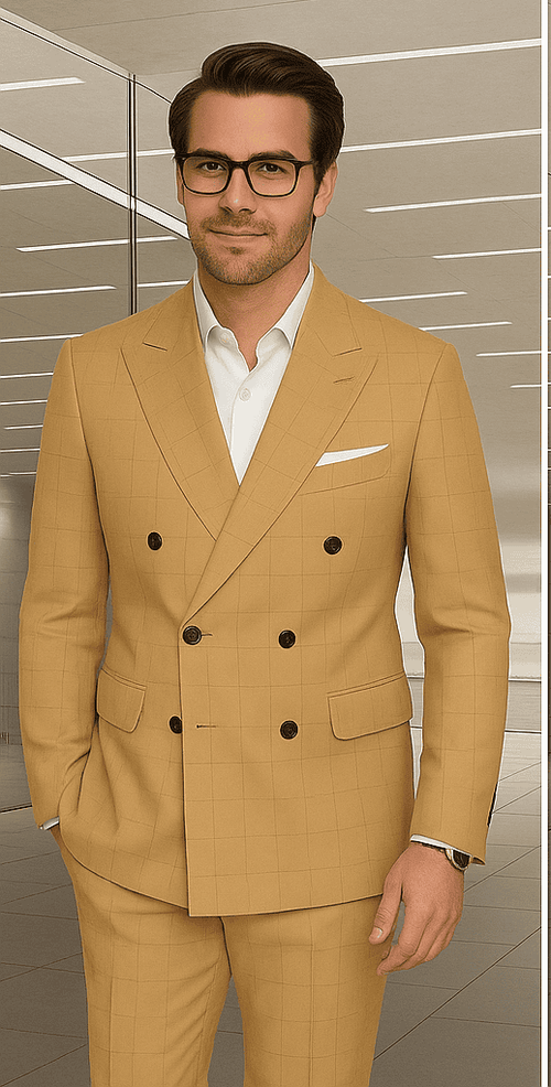 Wool Suit - Italian Made Business Suit by Statement Men's 100% Wool 2 Piece Double Breasted Suit - Subtle Windowpane