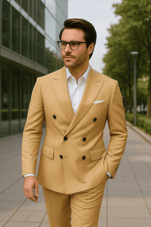 Wool Suit - Italian Made Business Suit by Statement Men's 100% Wool 2 Piece Double Breasted Suit - Subtle Windowpane