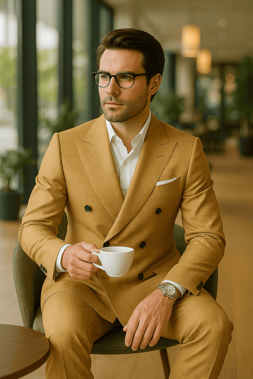 Wool Suit - Italian Made Business Suit by Statement Men's 100% Wool 2 Piece Double Breasted Suit - Subtle Windowpane