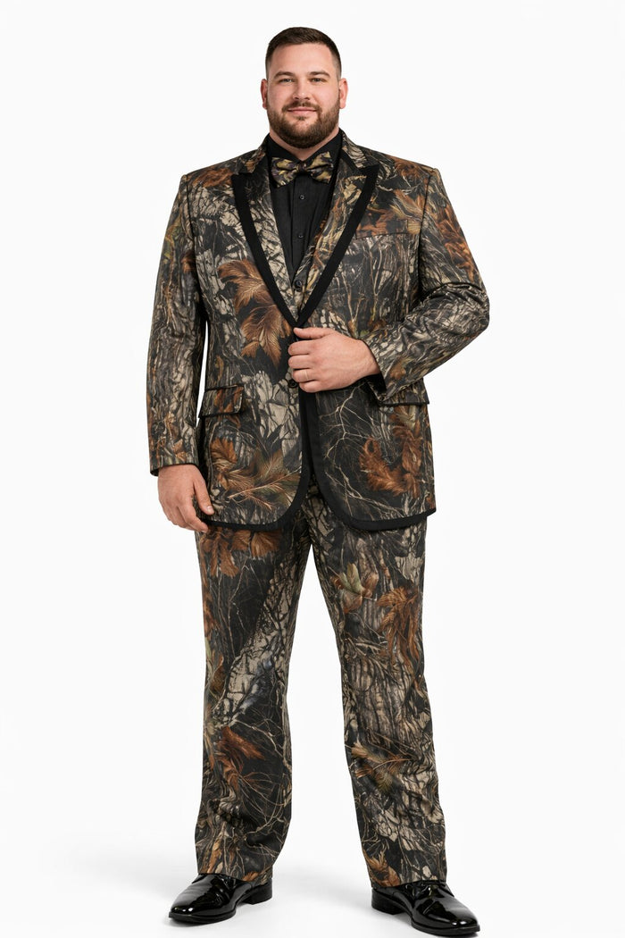 Army Green Tuxedo - Camouflage Patterned - Two Toned Vested Olive Camo  Single Breasted  2 Button One Chest Pocket Tuxedo