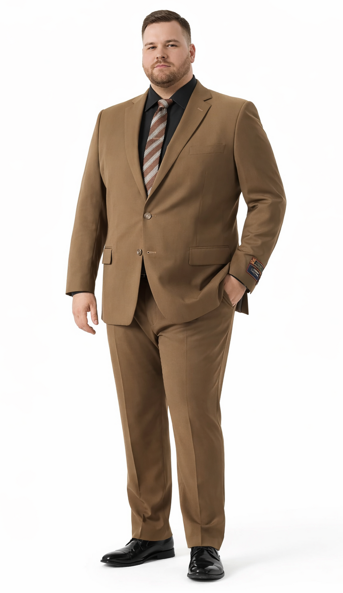 Albertonardoni Carlo Lusso brown suit. Tailored poly-blend with a single-breasted blazer, straight-leg trousers, and subtle sheen. Features side pockets, cuff detail, and paired with a black shirt, patterned tie, and black shoes.
