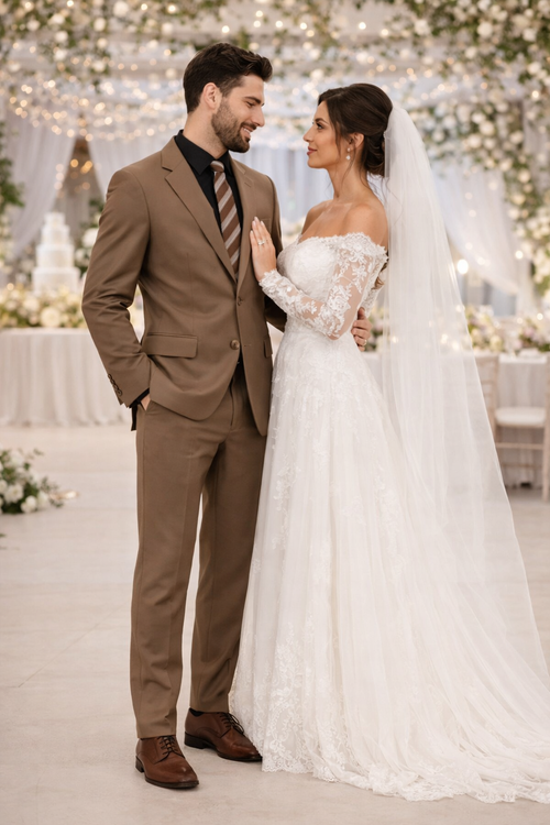 Albertonardoni Carlo Lusso brown suit. Two-button, poly blend with a tailored fit. Single-breasted, notch lapel. Straight-leg trousers. Paired with a black shirt and patterned tie for a formal look.
