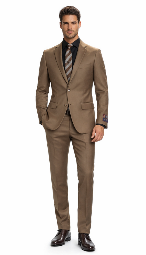 Carlo Lusso brown suit: tailored fit, poly blend. Single-breasted blazer with flap pockets, flat front, slightly tapered trousers. Includes a striped tie. Uniform color/texture.
