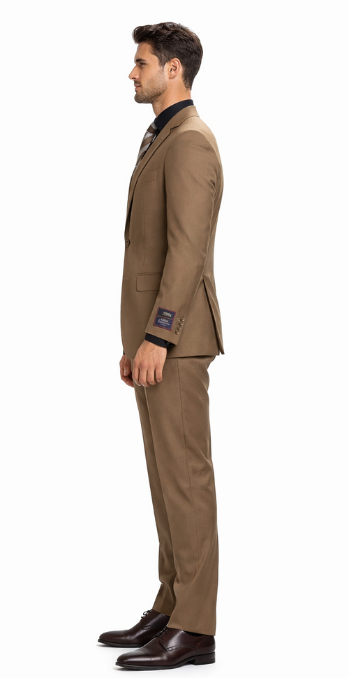 Carlo Lusso brown two-button suit by Albertonardoni. Tailored fit, structured silhouette. Poly blend, solid brown. Jacket: notch lapel, two buttons. Straight-leg pants. Model wearing matching brown dress shoes.
