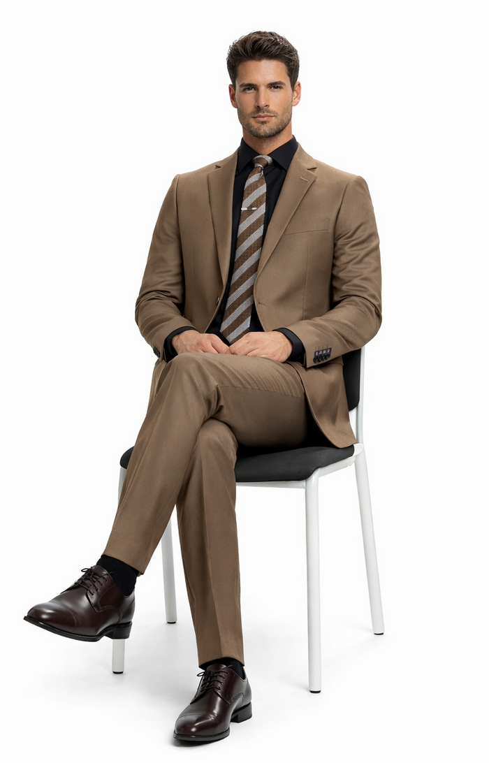 Brown two-button poly-blend suit with a streamlined fit and tailored lapels. Solid color, no pattern. Includes a black shirt and brown-toned striped tie.
