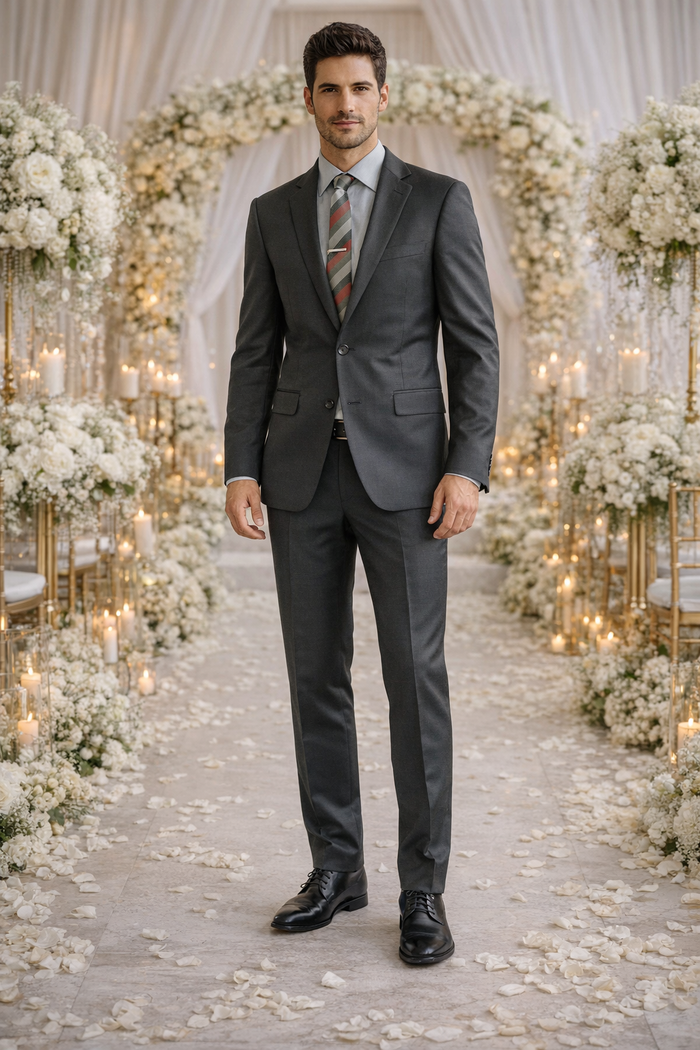Carlo Lusso charcoal slim fit suit by Albertonardoni. Tailored silhouette, poly blend, smooth texture. Charcoal gray, two-button closure, side pockets. Slim fit trousers.
