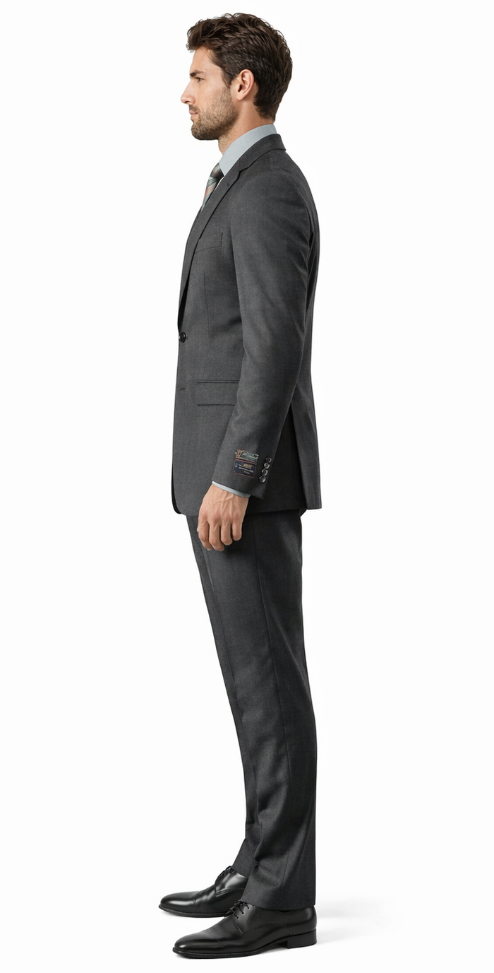 Carlo Lusso charcoal suit by Albertonardoni. Slim fit, two-button closure, notch lapels. Poly blend fabric in charcoal gray. Slim-cut pants. Long sleeves with button cuffs. Tailored, polished look.

