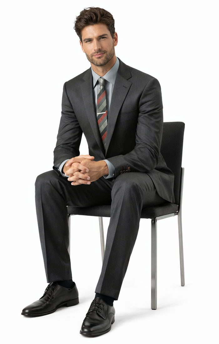 Albertonardoni Carlo Lusso charcoal suit. Slim fit, two-button jacket with notch lapel. Straight-leg trousers. Poly blend, smooth texture, likely lightweight with a subtle sheen.

