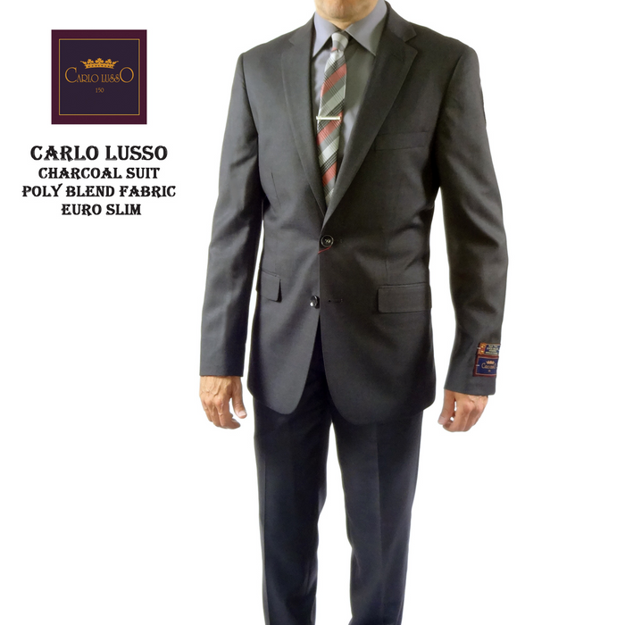 Carlo Lusso charcoal slim-fit suit: two-button blazer with notch lapel, flap & ticket pockets. Poly blend, solid charcoal. Slim-fit trousers, no cuffs.

