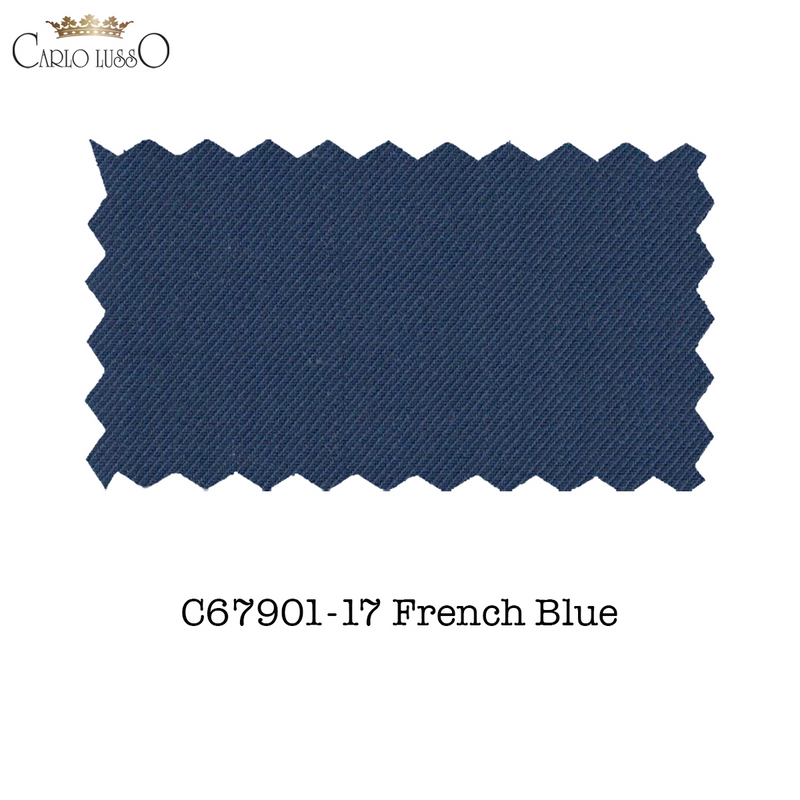 Carlo Lusso French Blue suit: Rich French blue, diagonal ribbed texture, medium weight. Two-button design. Offers a sophisticated look and feel.
