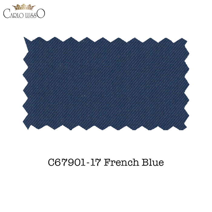 Carlo Lusso French Blue suit: Rich French blue, diagonal ribbed texture, medium weight. Two-button design. Offers a sophisticated look and feel.
