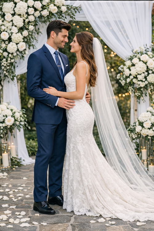 Carlo Lusso French Blue two-button suit: Tailored fit, rich blue, possibly wool-blend fabric. Notch lapel, two front pockets, single vent. Straight-leg trousers. Classic, streamlined design, perfect for formal events.
