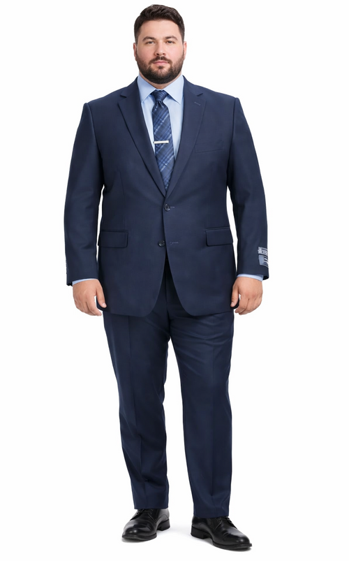 Carlo Lusso French Blue suit by Albertonardoni. Tailored jacket with notch lapels, pockets, single vent. Matching straight-leg trousers. Deep French blue, likely wool, solid pattern, fully lined.
