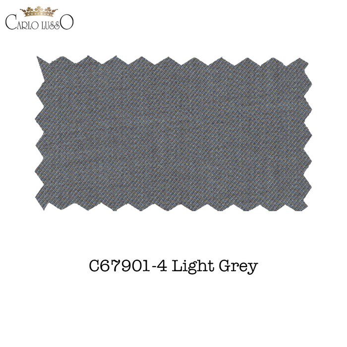 Carlo Lusso medium gray suit. Poly blend, textured light gray fabric with a subtle pattern. Two-button closure, tailored fit, clean lines, and classic design.
