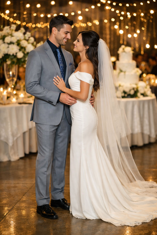 Medium gray, two-button suit in poly blend. Tailored fit with notched lapel and flat front trousers. A versatile and stylish choice.
