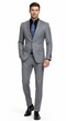 Carlo Lusso medium gray suit: fitted silhouette, poly blend fabric, single-breasted jacket, straight-cut trousers. Two front pockets, notch lapel, subtle sheen. Patterned lining at cuffs. Flat-front trousers.
