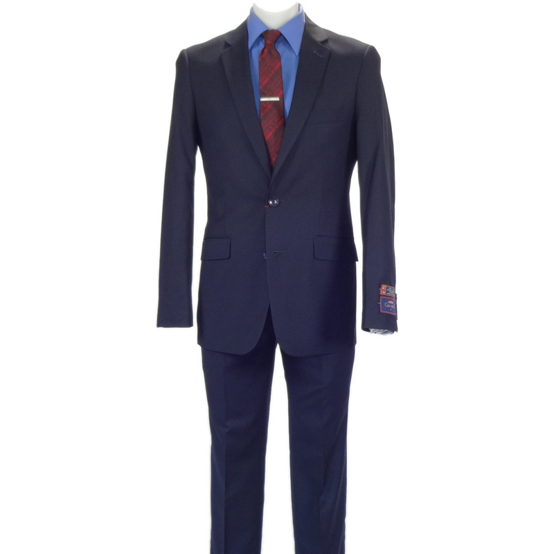 Carlo Lusso navy suit: poly-blend, two-button blazer with classic cut, patch pockets, and tailored trousers. Subtle sheen enhances its smooth texture. Features notch lapels and lining visible at cuffs.
