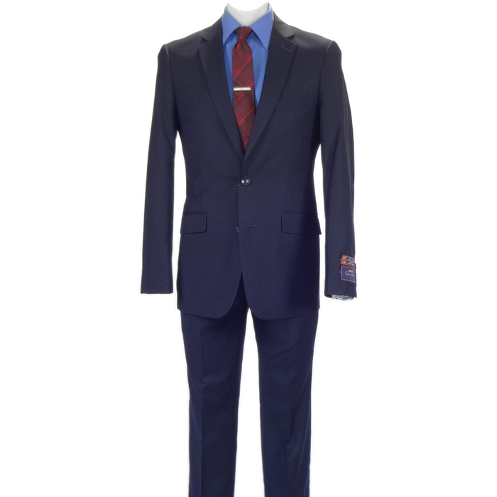 Carlo Lusso navy suit: poly-blend, two-button blazer with classic cut, patch pockets, and tailored trousers. Subtle sheen enhances its smooth texture. Features notch lapels and lining visible at cuffs.
